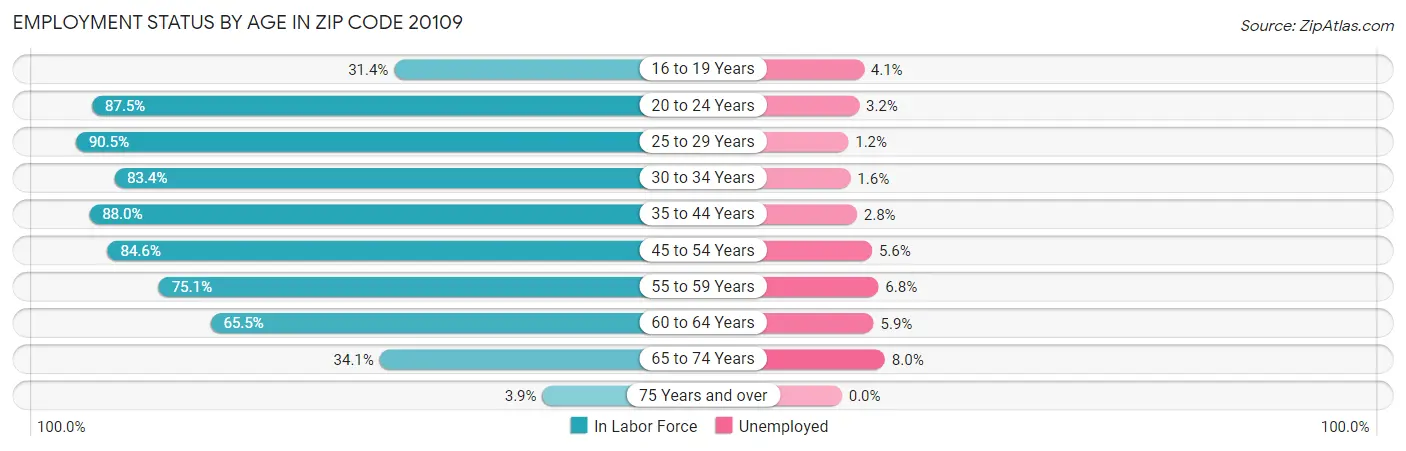 Employment Status by Age in Zip Code 20109