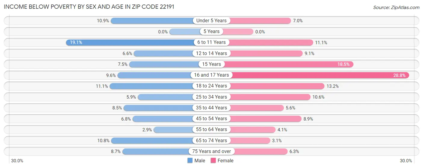 Income Below Poverty by Sex and Age in Zip Code 22191