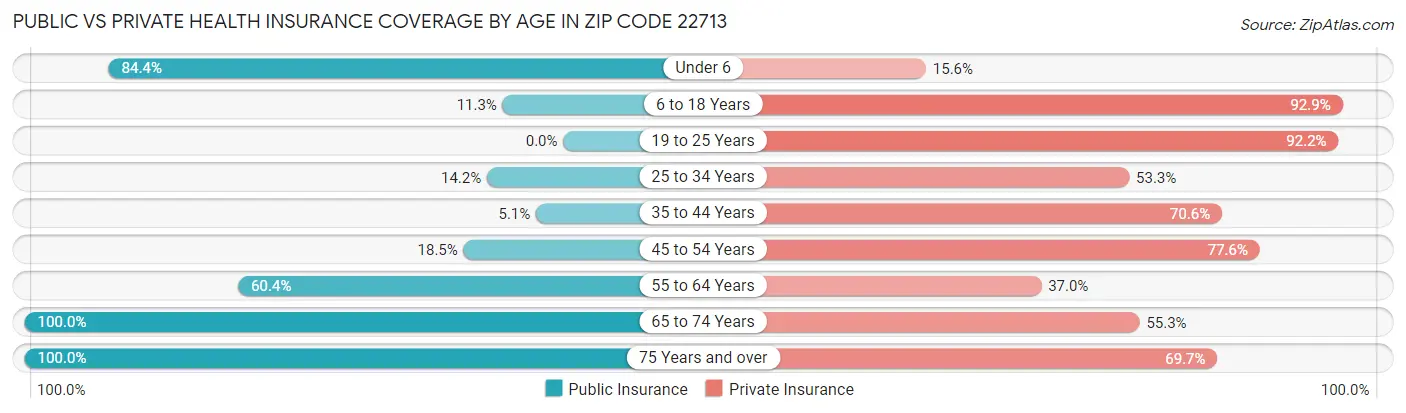 Public vs Private Health Insurance Coverage by Age in Zip Code 22713
