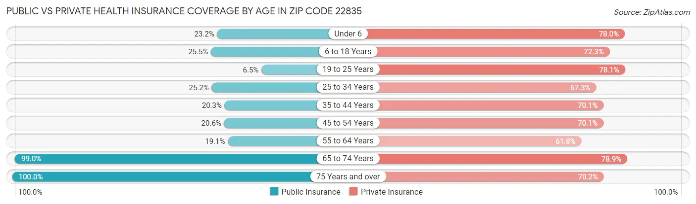 Public vs Private Health Insurance Coverage by Age in Zip Code 22835