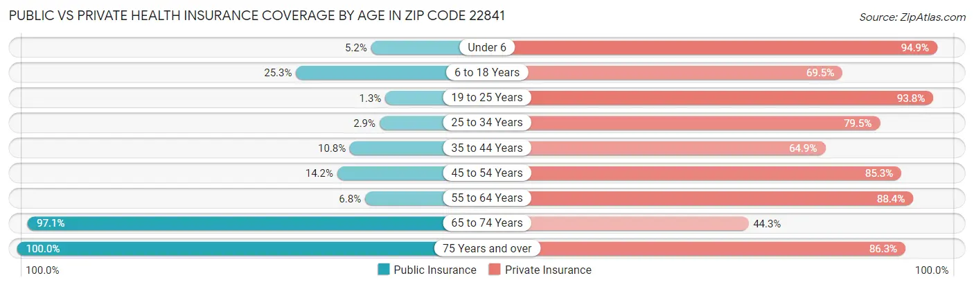 Public vs Private Health Insurance Coverage by Age in Zip Code 22841
