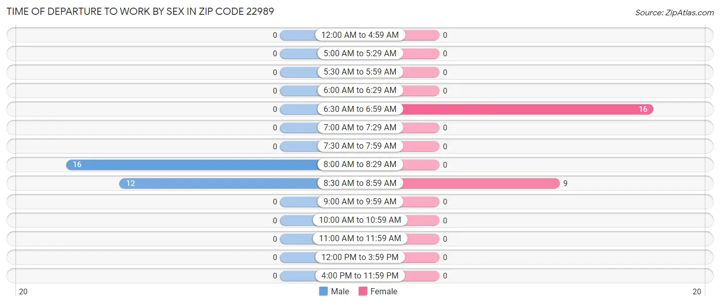 Time of Departure to Work by Sex in Zip Code 22989