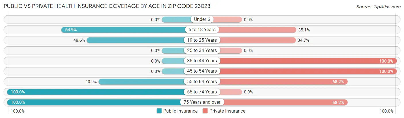 Public vs Private Health Insurance Coverage by Age in Zip Code 23023