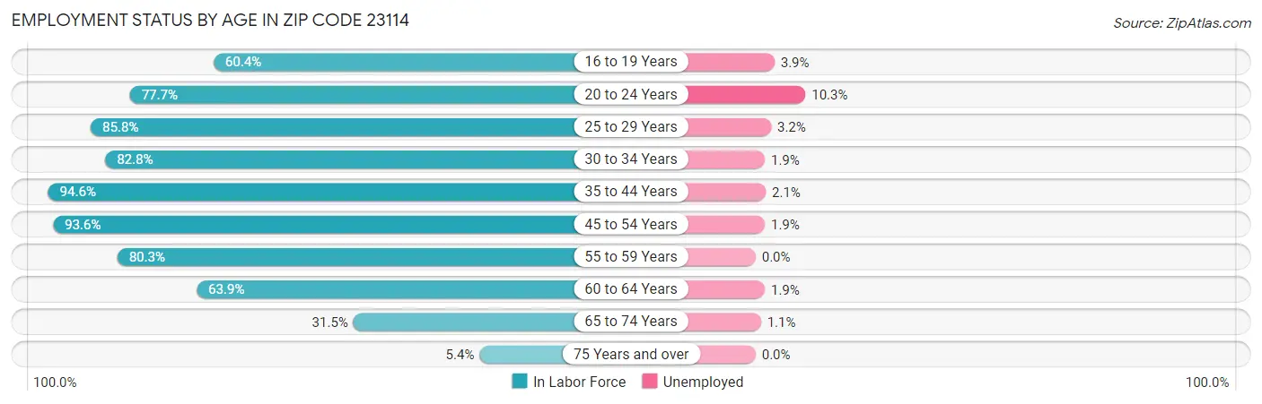 Employment Status by Age in Zip Code 23114
