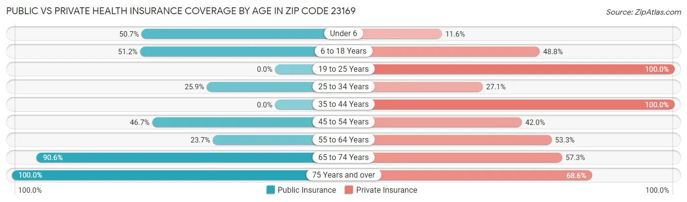 Public vs Private Health Insurance Coverage by Age in Zip Code 23169