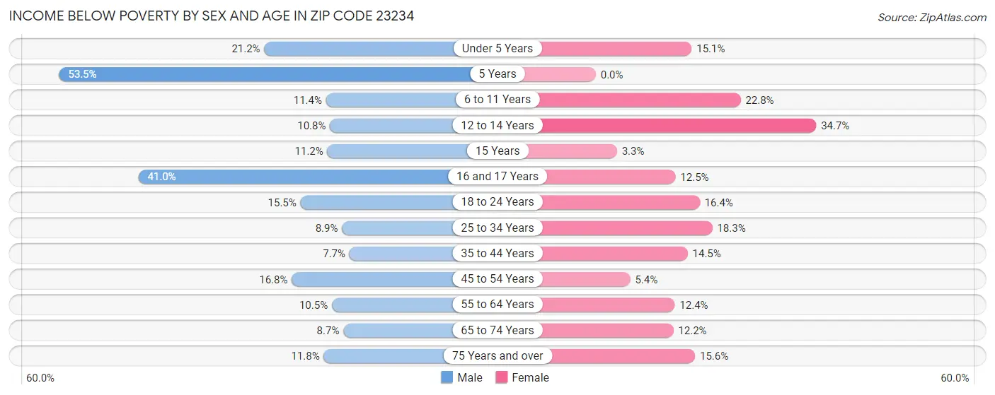 Income Below Poverty by Sex and Age in Zip Code 23234