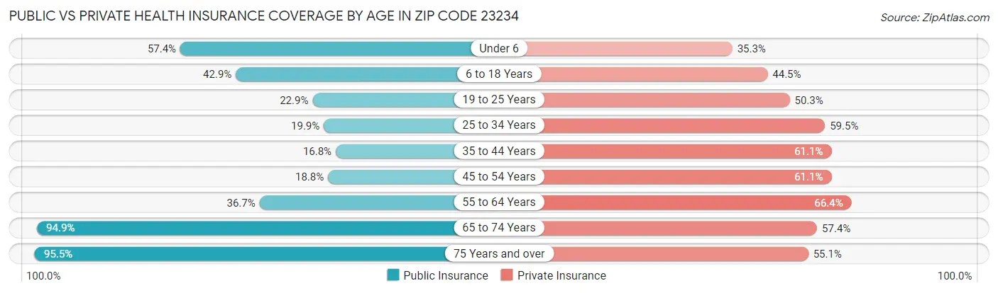 Public vs Private Health Insurance Coverage by Age in Zip Code 23234