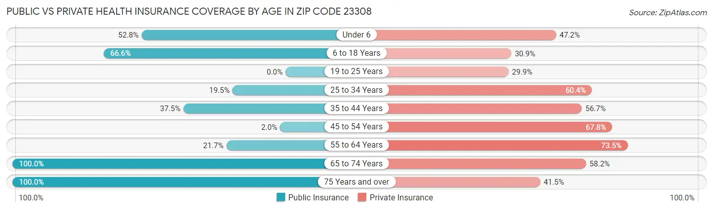 Public vs Private Health Insurance Coverage by Age in Zip Code 23308