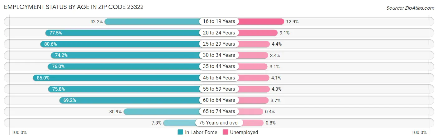 Employment Status by Age in Zip Code 23322