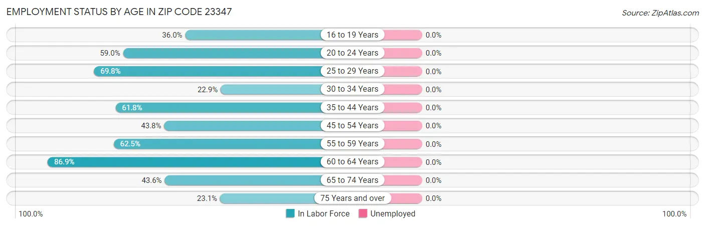 Employment Status by Age in Zip Code 23347
