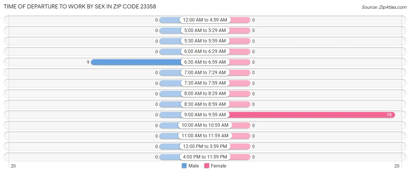 Time of Departure to Work by Sex in Zip Code 23358