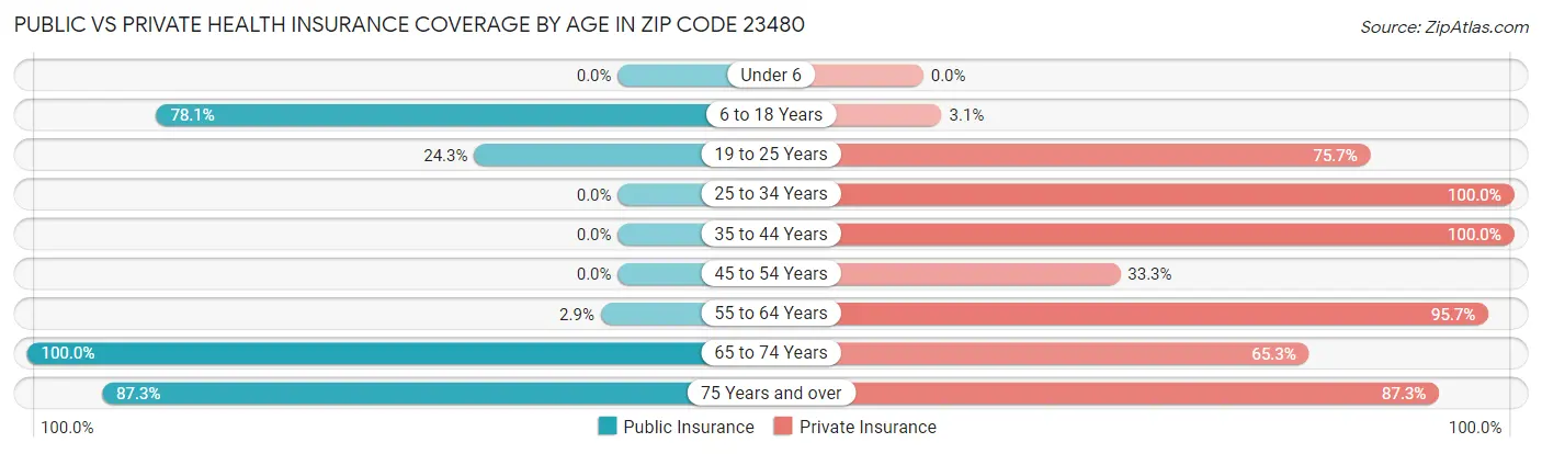 Public vs Private Health Insurance Coverage by Age in Zip Code 23480