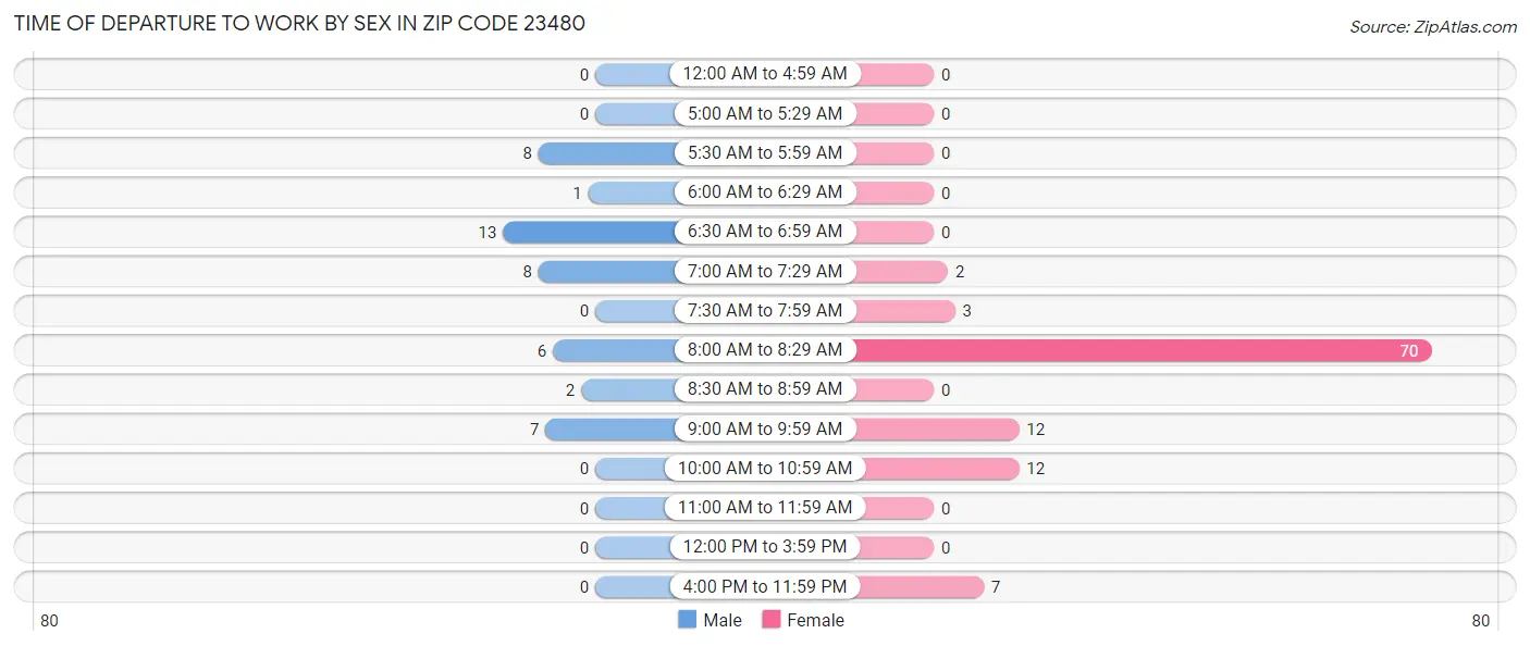 Time of Departure to Work by Sex in Zip Code 23480