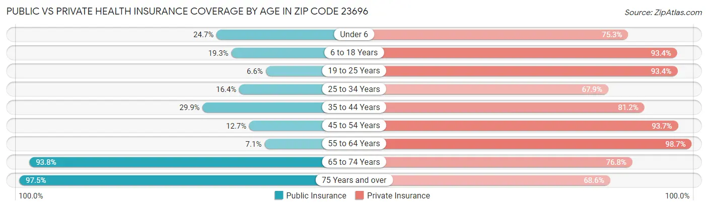 Public vs Private Health Insurance Coverage by Age in Zip Code 23696