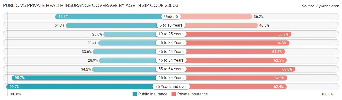 Public vs Private Health Insurance Coverage by Age in Zip Code 23803