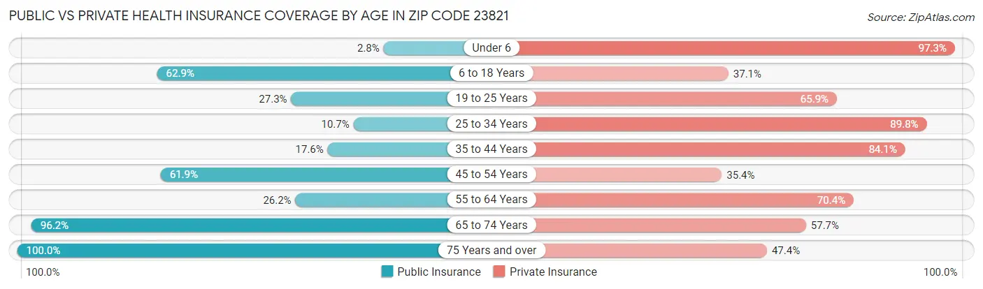 Public vs Private Health Insurance Coverage by Age in Zip Code 23821