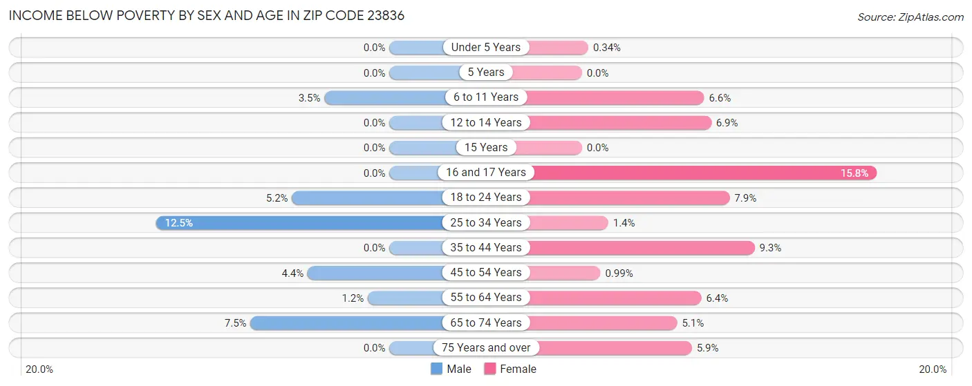 Income Below Poverty by Sex and Age in Zip Code 23836