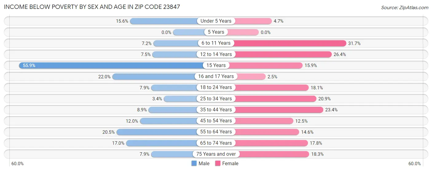 Income Below Poverty by Sex and Age in Zip Code 23847