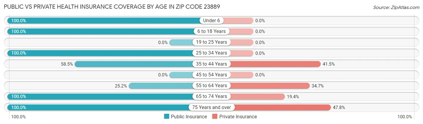 Public vs Private Health Insurance Coverage by Age in Zip Code 23889