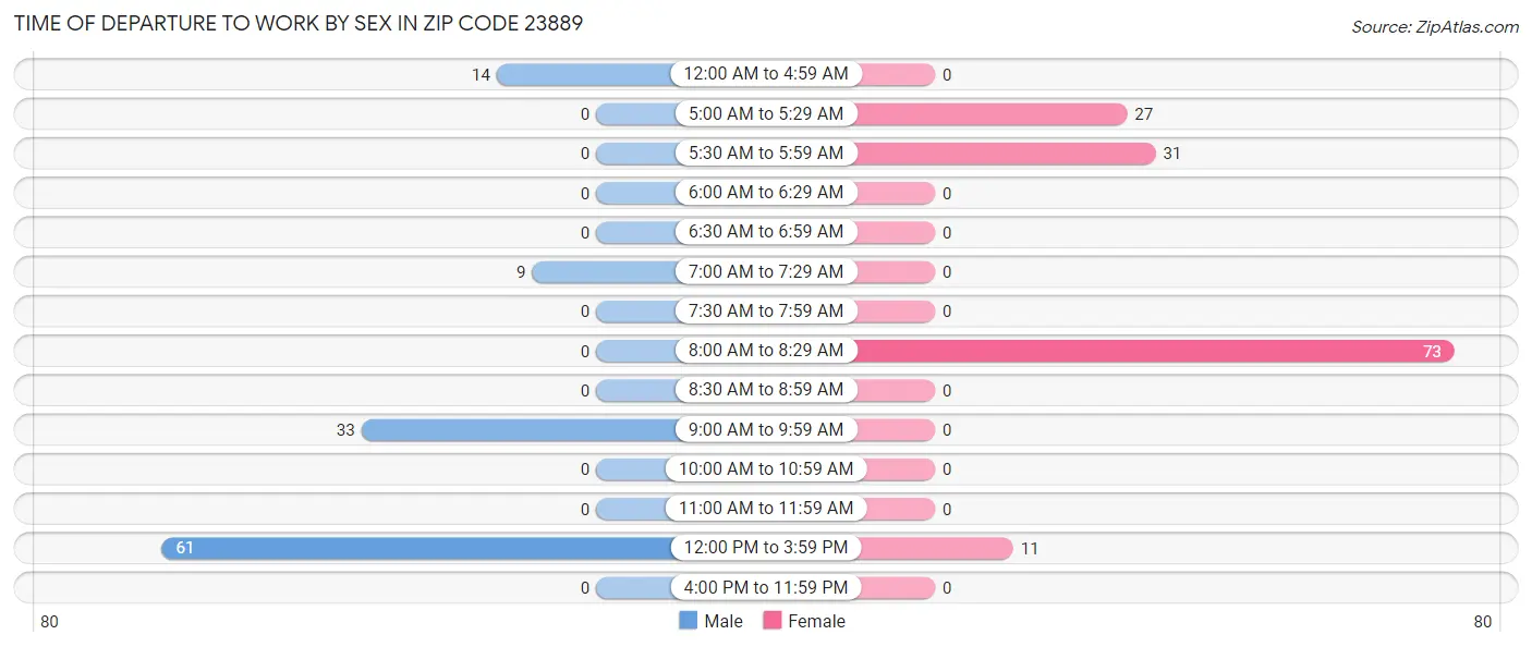 Time of Departure to Work by Sex in Zip Code 23889