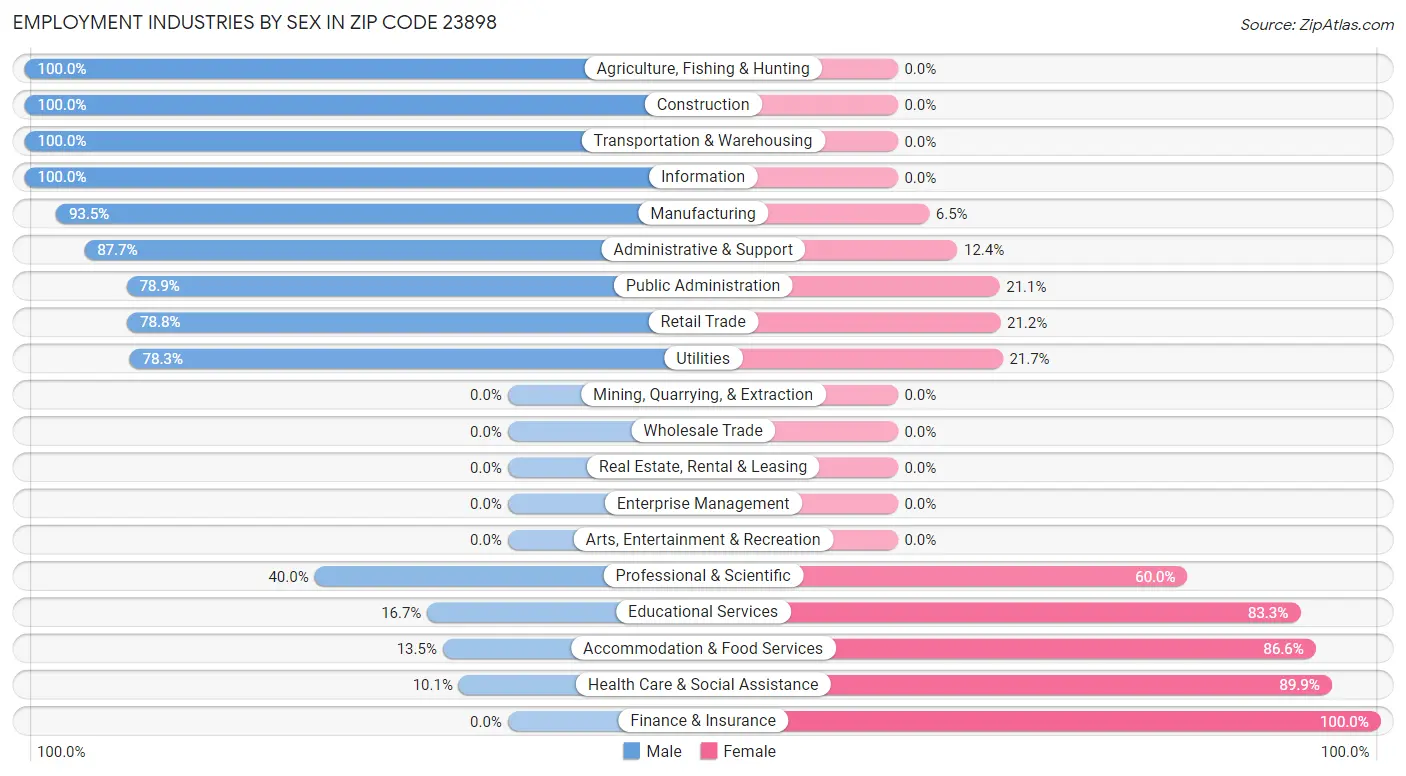 Employment Industries by Sex in Zip Code 23898