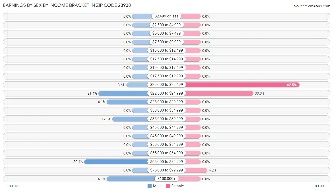 Earnings by Sex by Income Bracket in Zip Code 23938