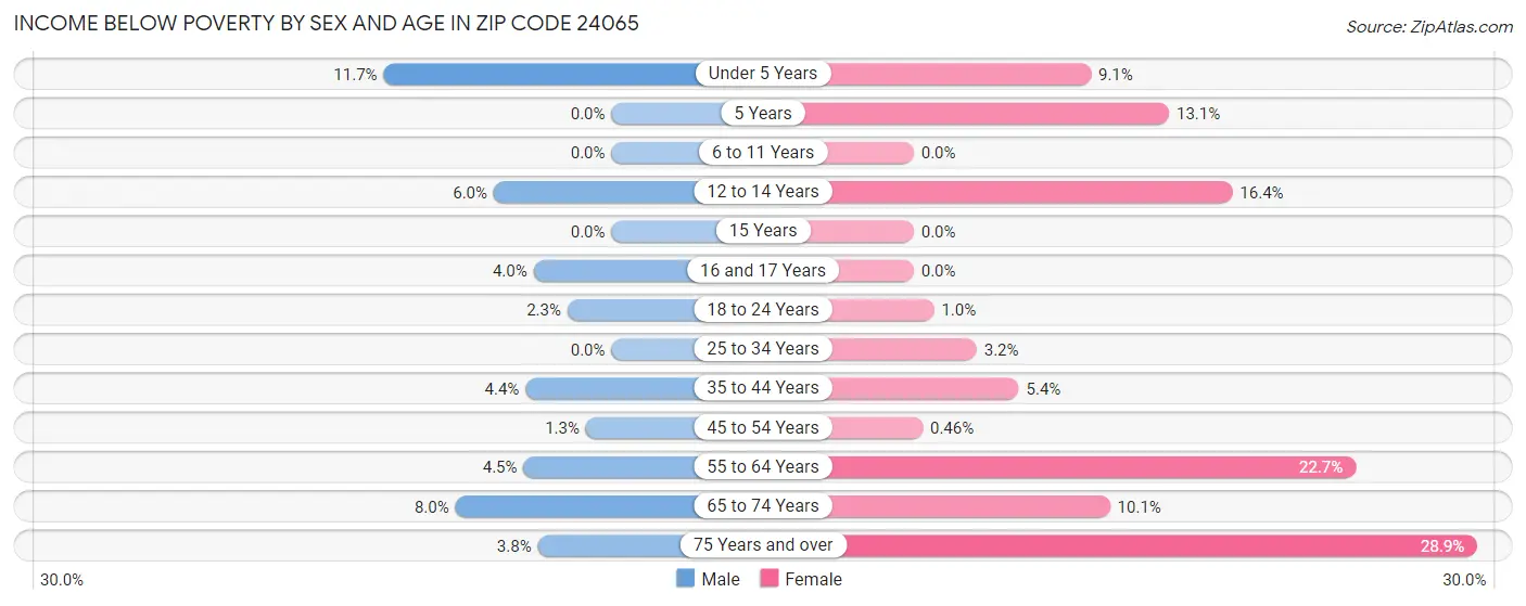 Income Below Poverty by Sex and Age in Zip Code 24065