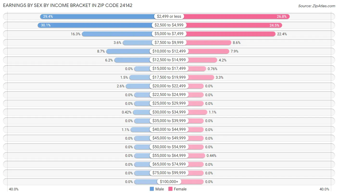 Earnings by Sex by Income Bracket in Zip Code 24142