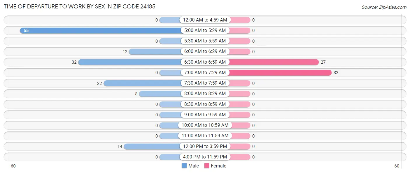 Time of Departure to Work by Sex in Zip Code 24185
