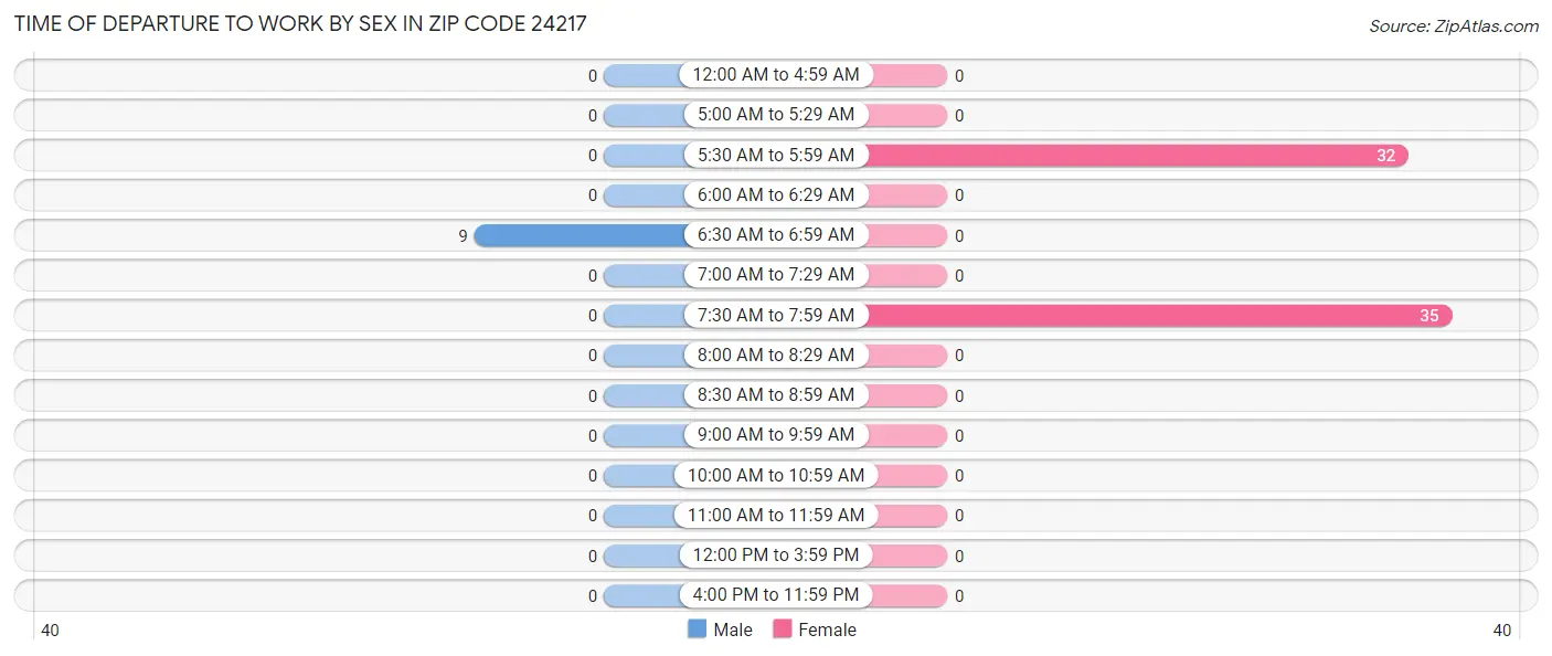 Time of Departure to Work by Sex in Zip Code 24217