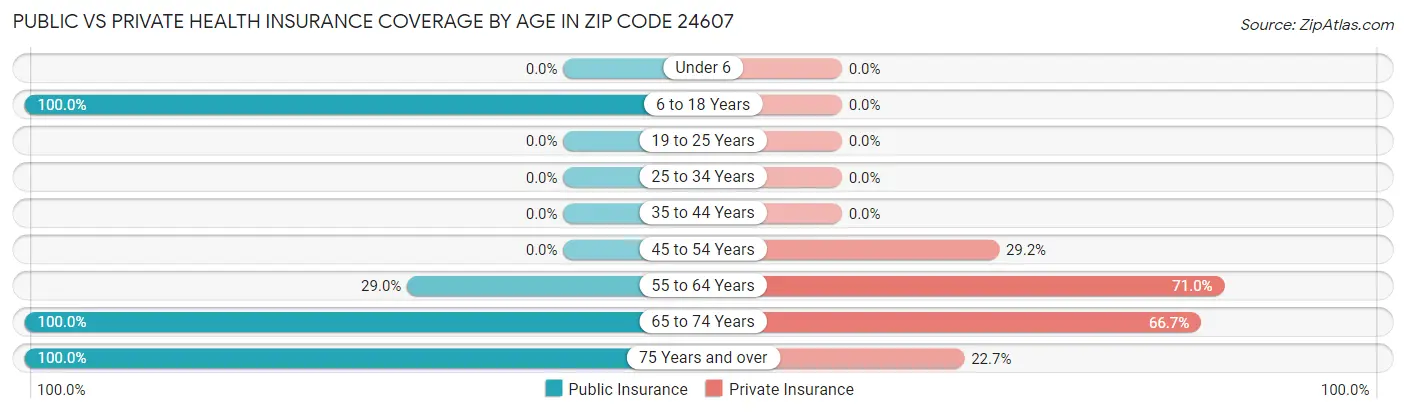 Public vs Private Health Insurance Coverage by Age in Zip Code 24607