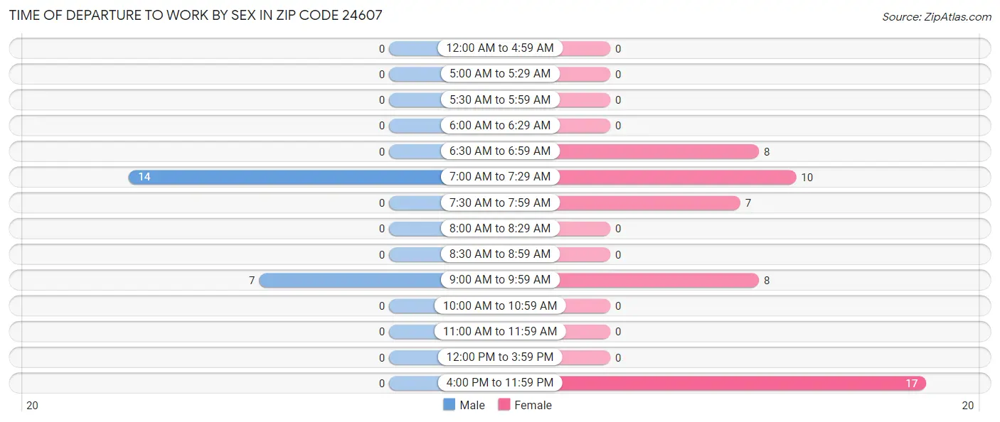 Time of Departure to Work by Sex in Zip Code 24607