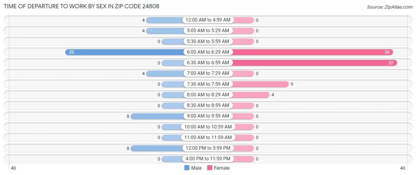Time of Departure to Work by Sex in Zip Code 24808