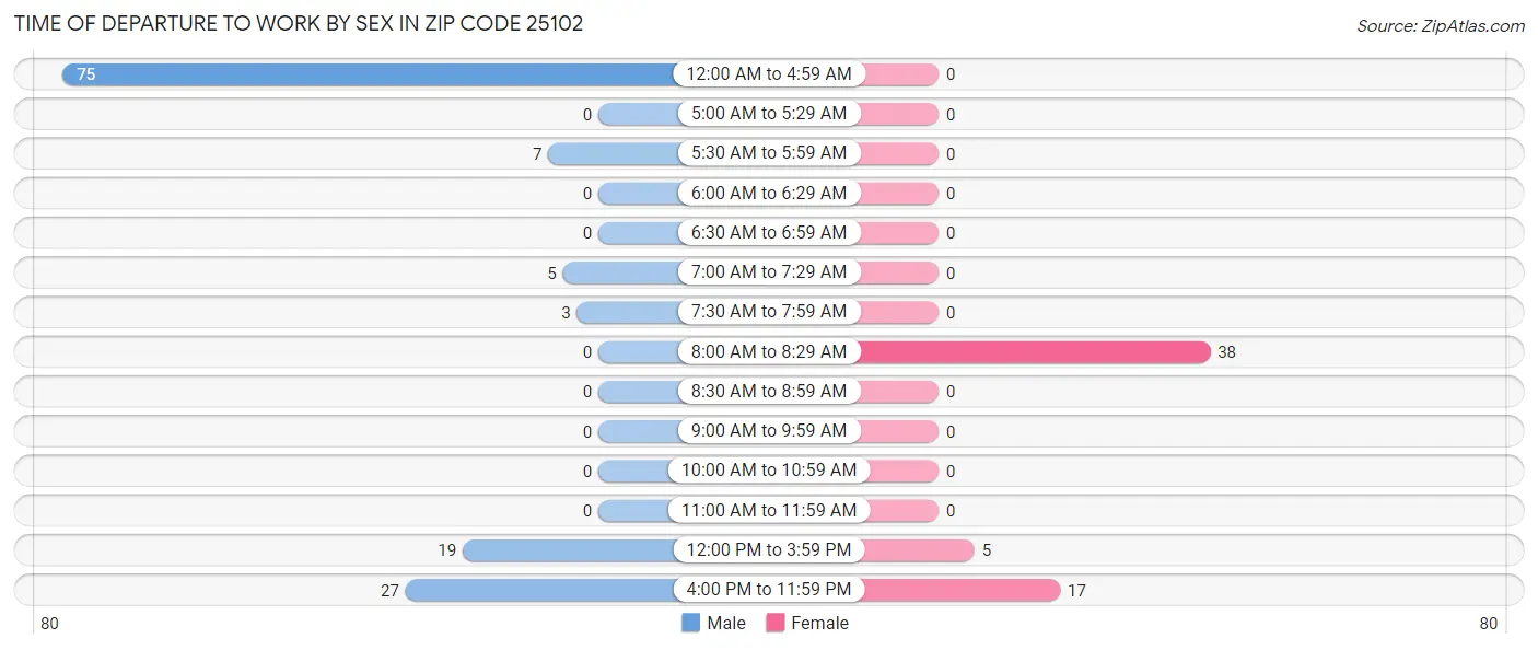 Time of Departure to Work by Sex in Zip Code 25102