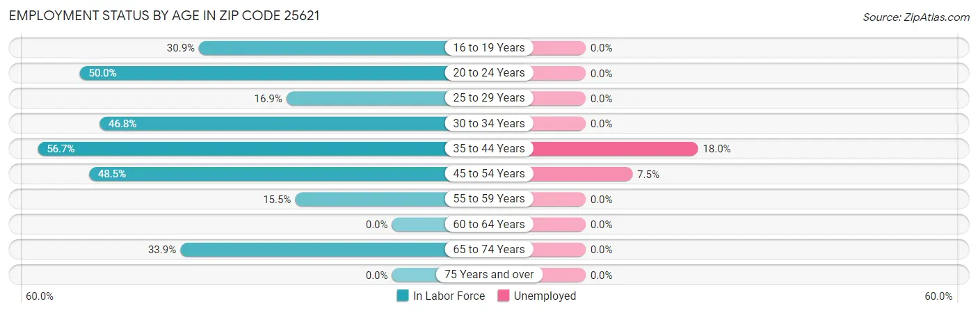 Employment Status by Age in Zip Code 25621