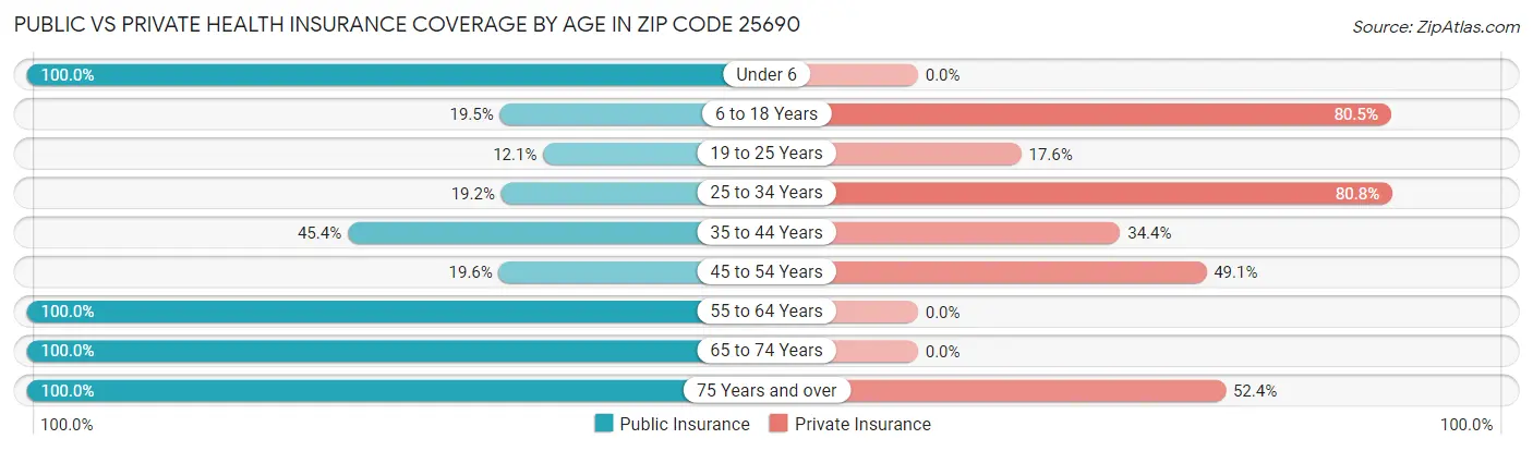 Public vs Private Health Insurance Coverage by Age in Zip Code 25690