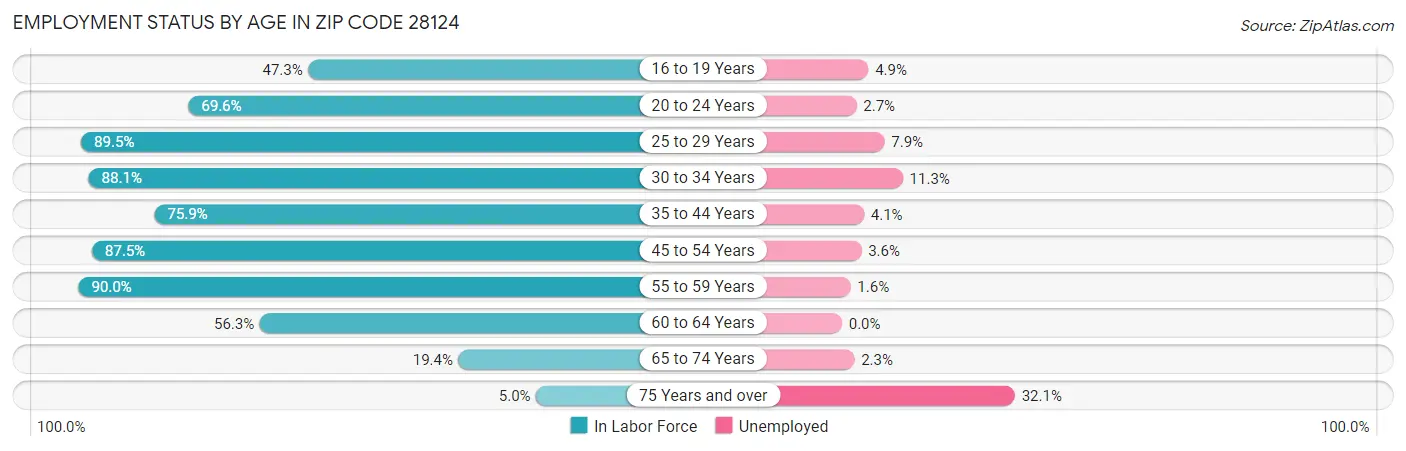 Employment Status by Age in Zip Code 28124