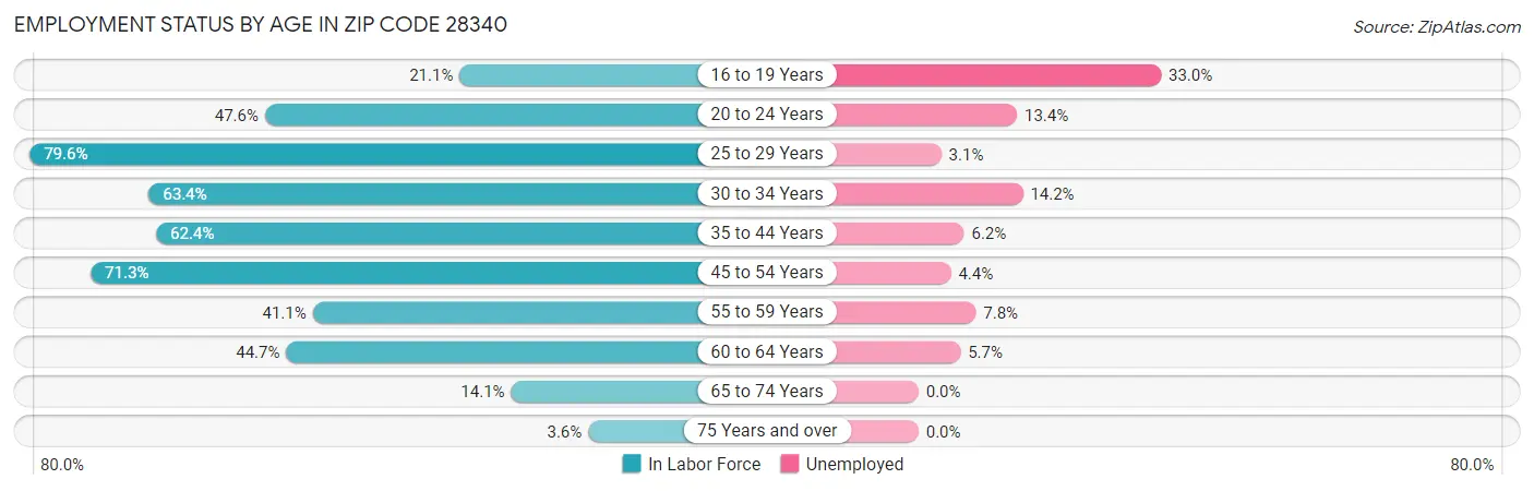 Employment Status by Age in Zip Code 28340