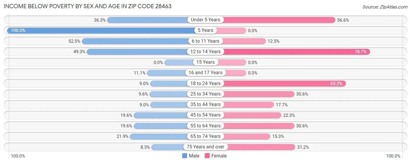 Income Below Poverty by Sex and Age in Zip Code 28463