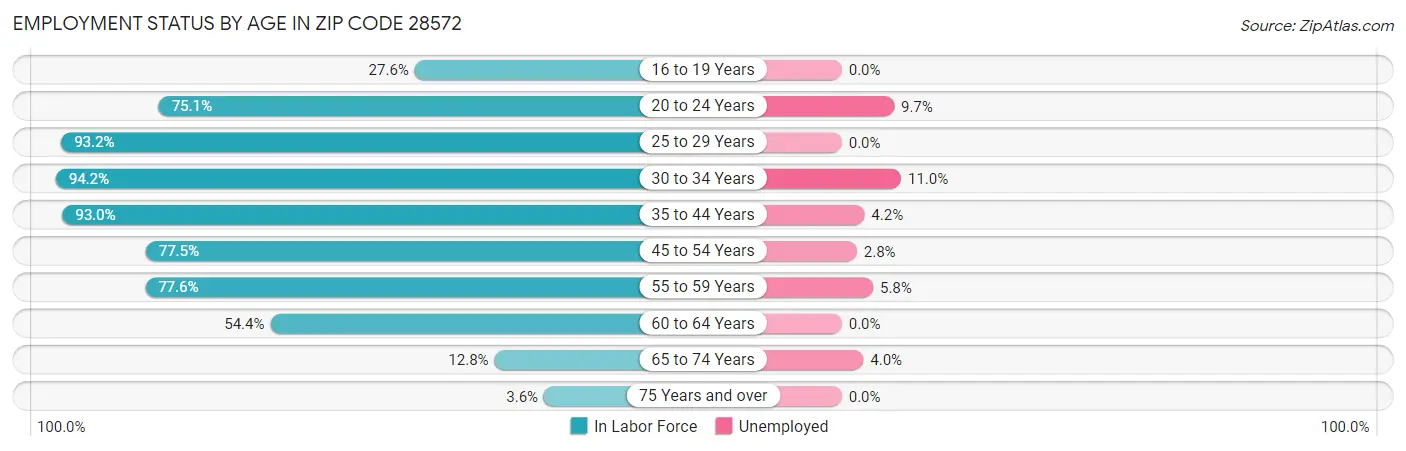 Employment Status by Age in Zip Code 28572