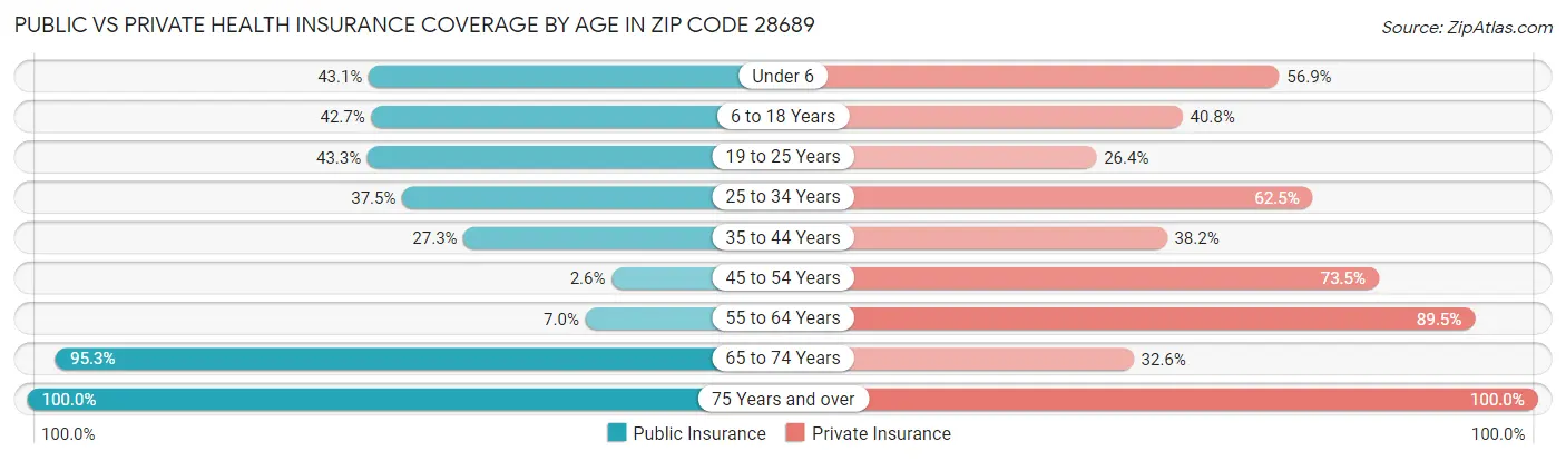 Public vs Private Health Insurance Coverage by Age in Zip Code 28689