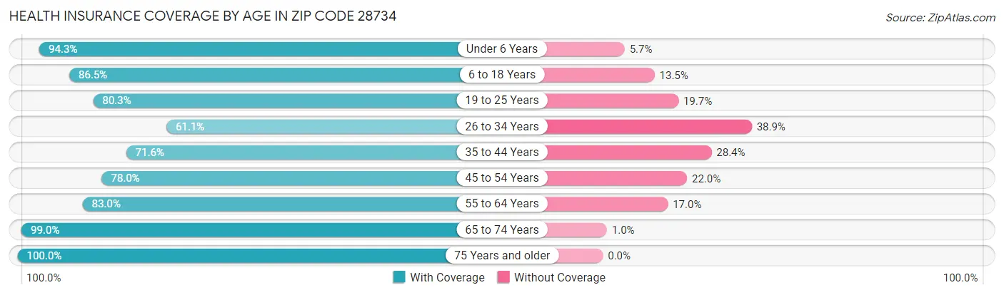 Health Insurance Coverage by Age in Zip Code 28734