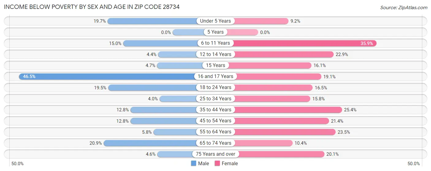 Income Below Poverty by Sex and Age in Zip Code 28734