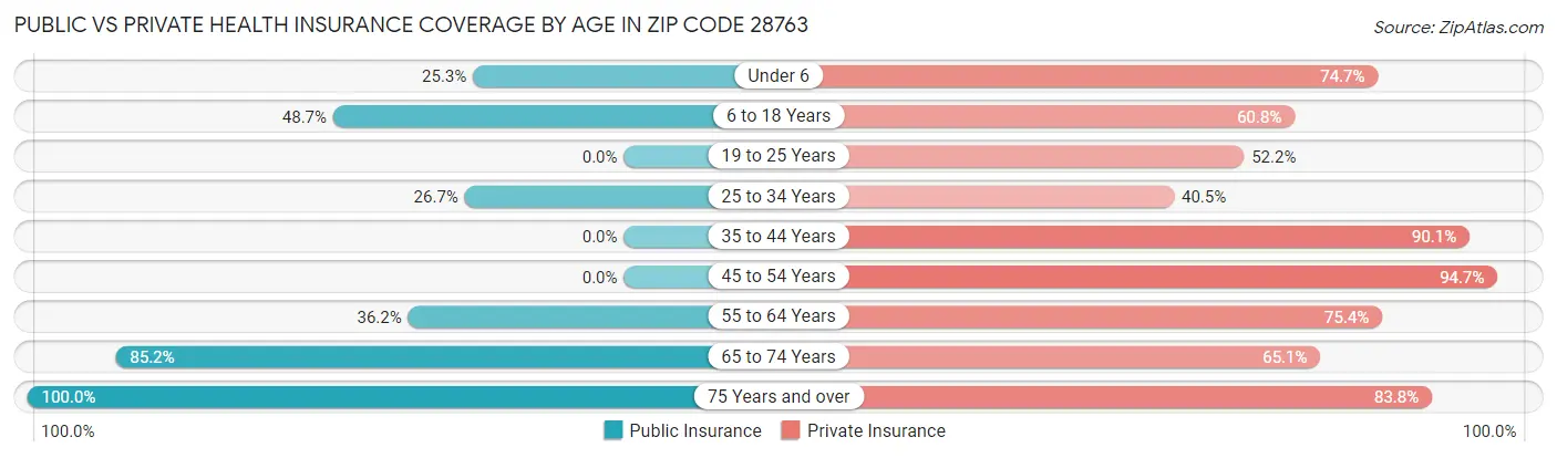 Public vs Private Health Insurance Coverage by Age in Zip Code 28763