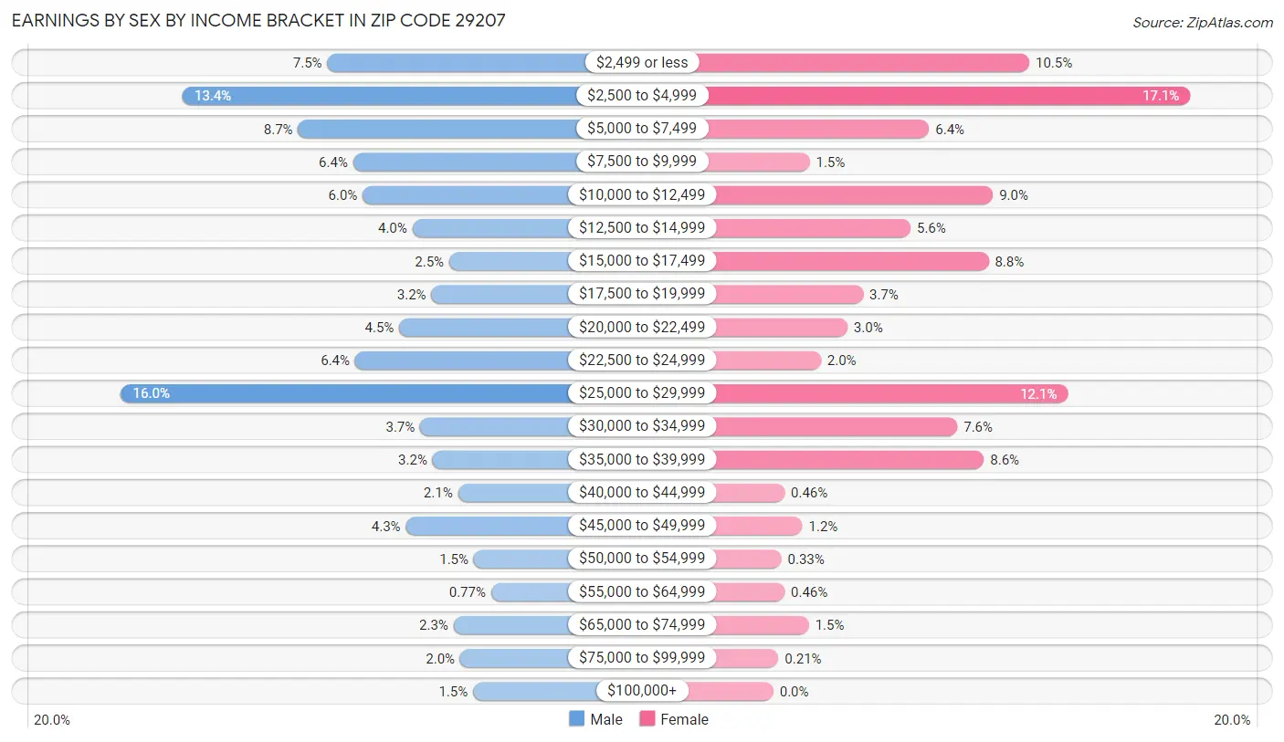 Earnings by Sex by Income Bracket in Zip Code 29207