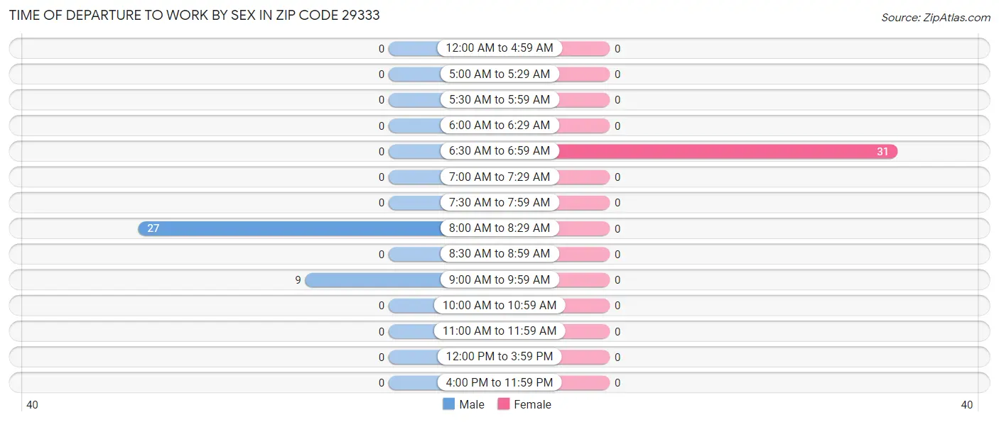 Time of Departure to Work by Sex in Zip Code 29333
