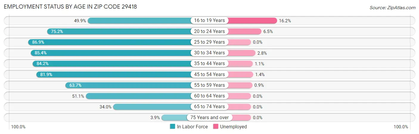 Employment Status by Age in Zip Code 29418