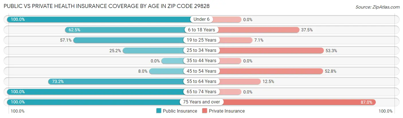 Public vs Private Health Insurance Coverage by Age in Zip Code 29828