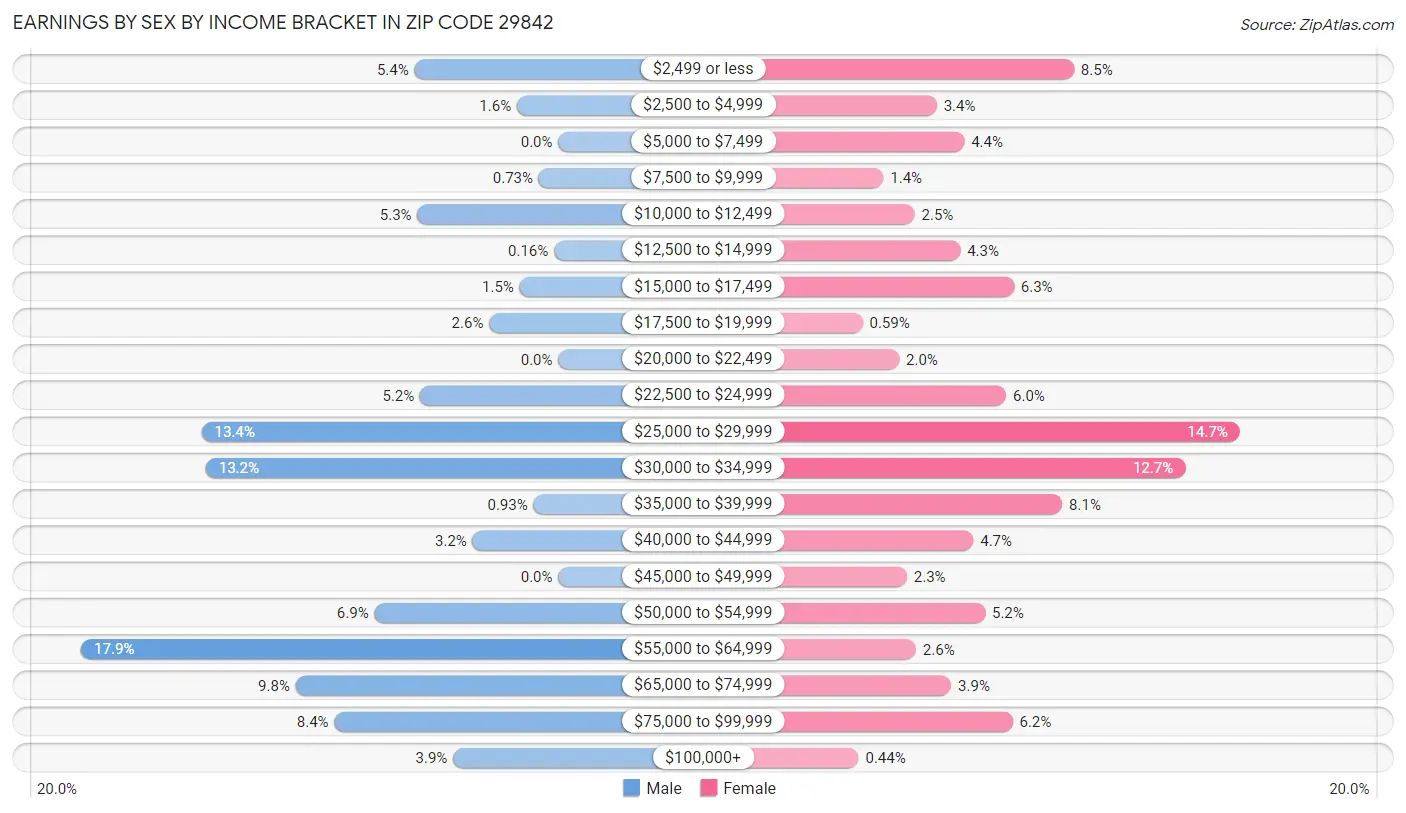 Earnings by Sex by Income Bracket in Zip Code 29842