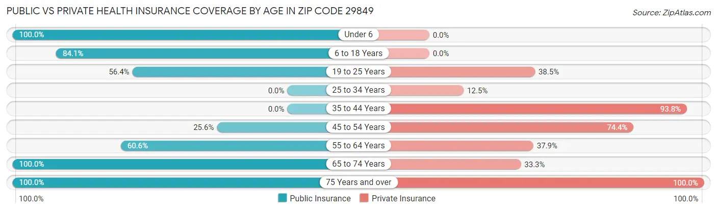 Public vs Private Health Insurance Coverage by Age in Zip Code 29849